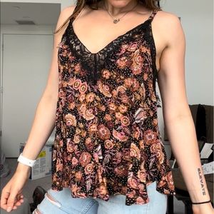 Free People Bohemian Floral and Black Lace Tank Top